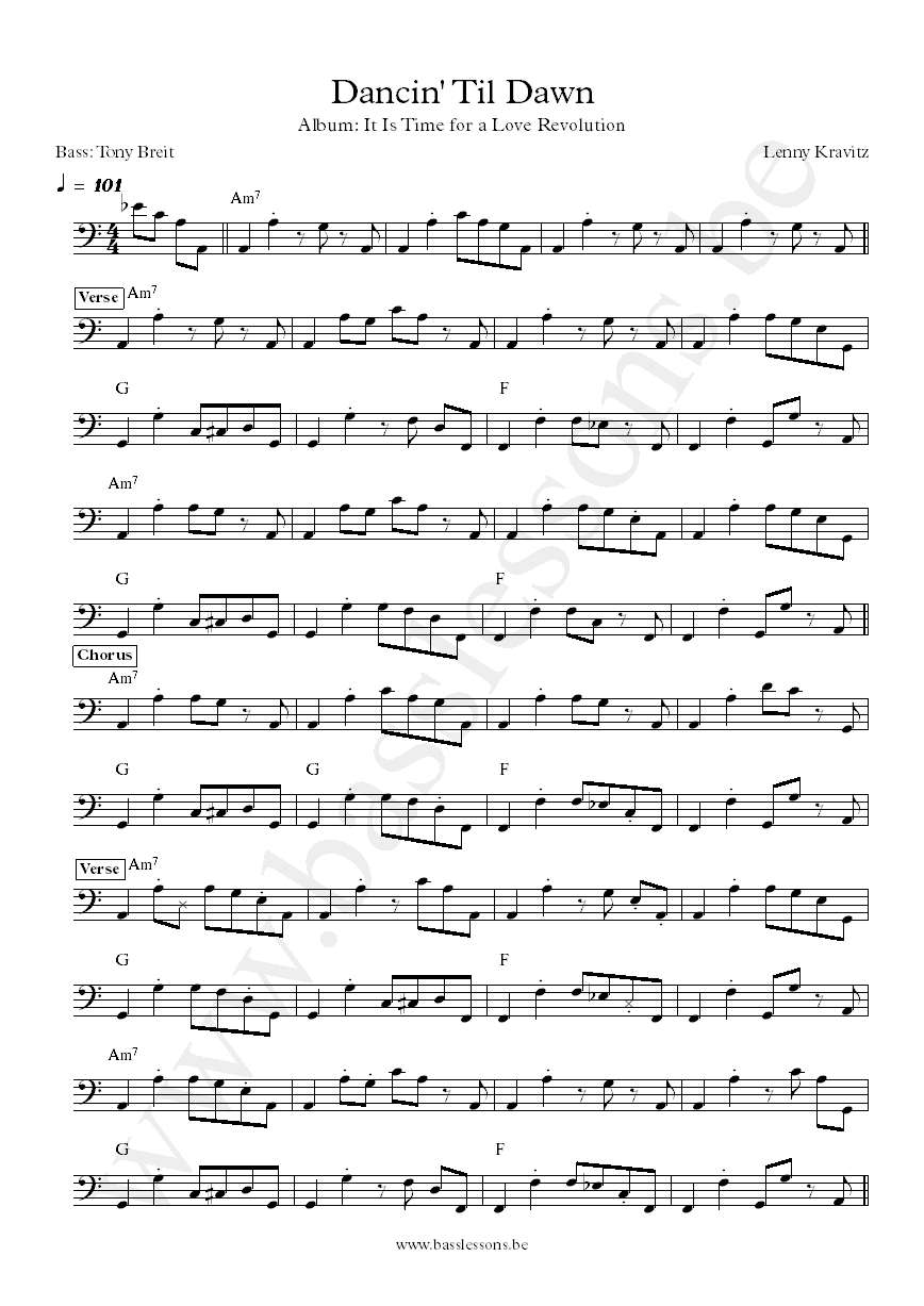 Lenny Kravitz Dancin Til Dawn bass transcription