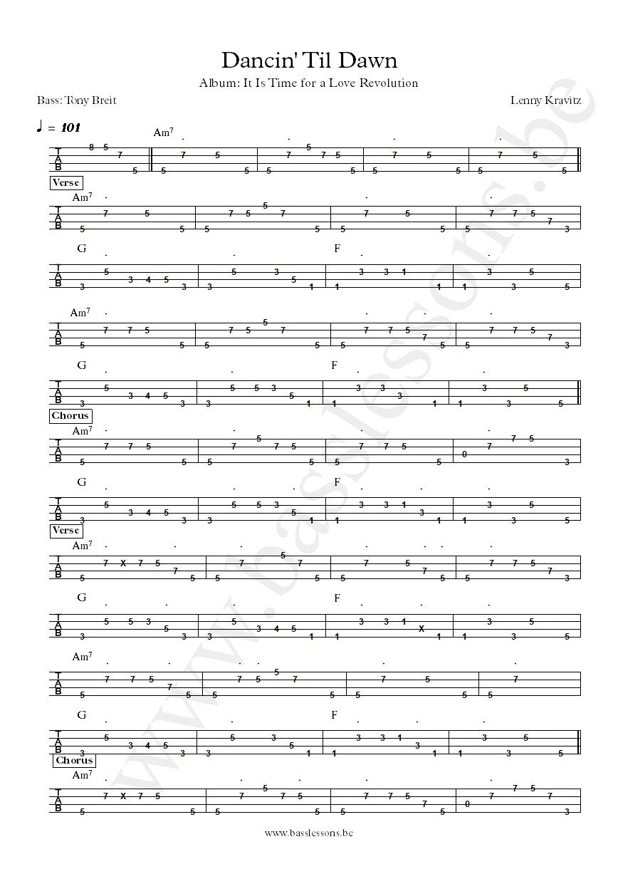 Lenny Kravitz Dancin Til Dawn bass tab