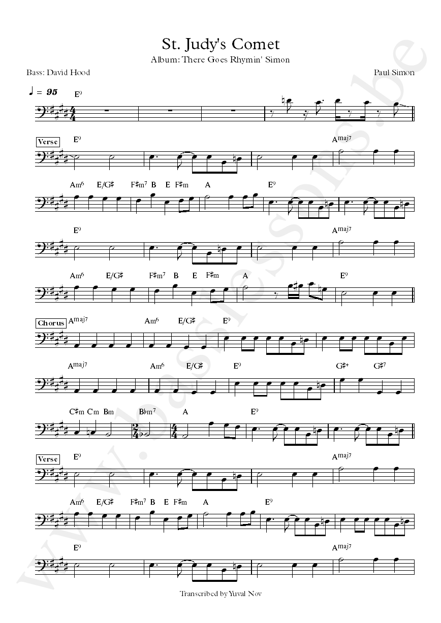 Paul Simon St. Judys Comet David Hood bass transcription