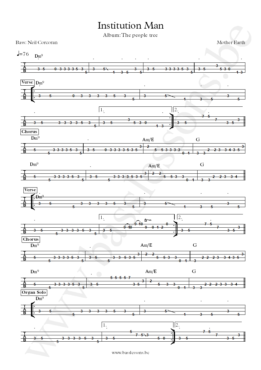 Mother earth Institution man Neil Corcoran bass tab