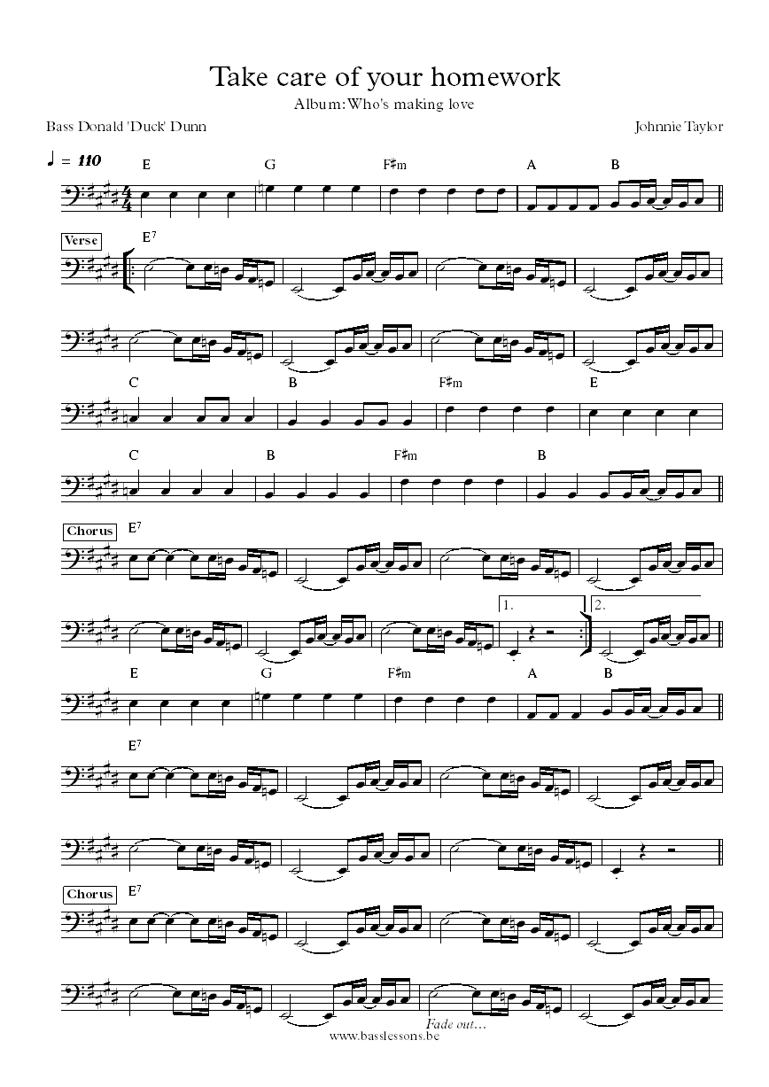 Johnnie Taylor Take care of your homework Donald duck dunn bass transcription