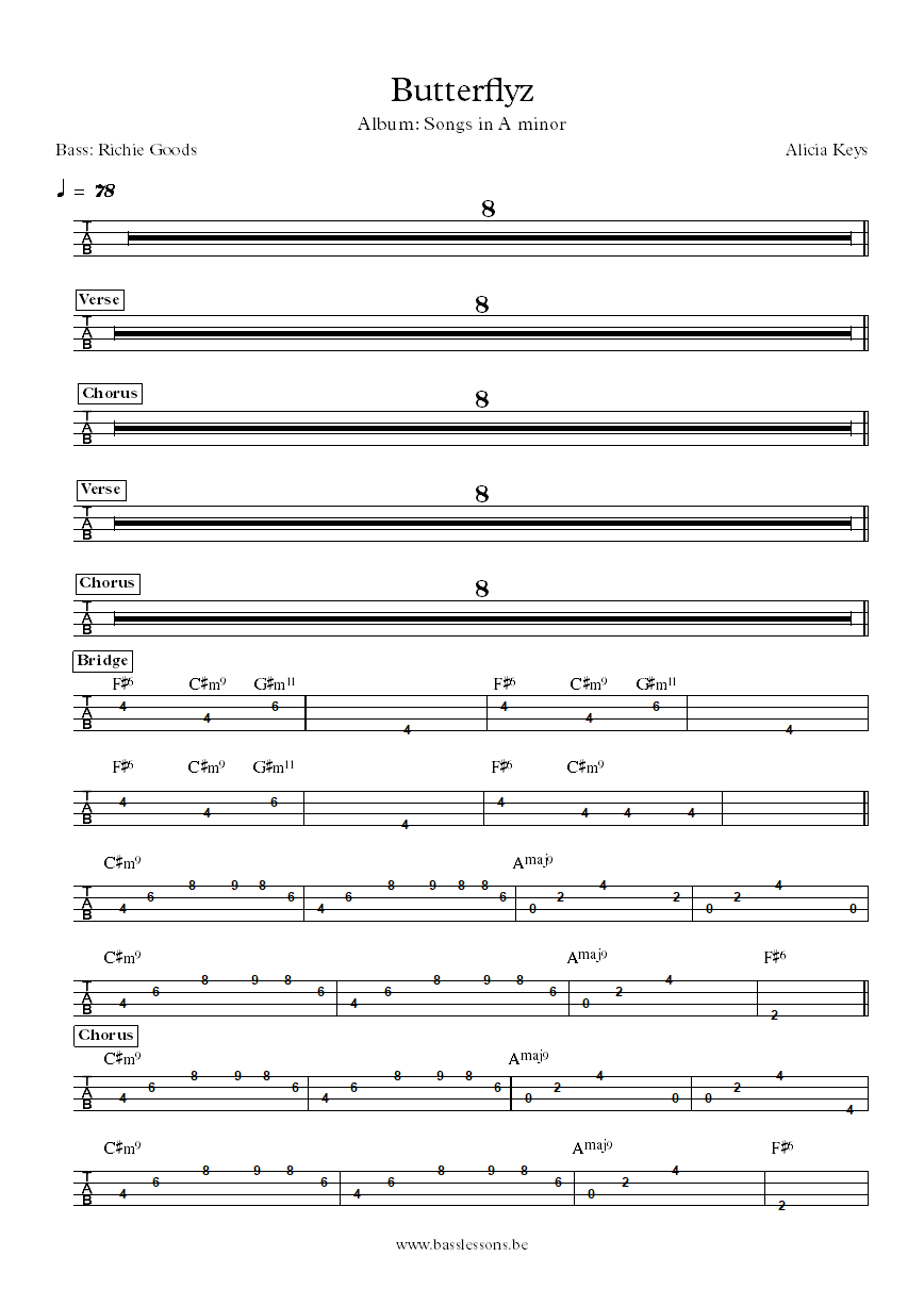 Alicia Keys Butterflyz Richie Goods bass tab