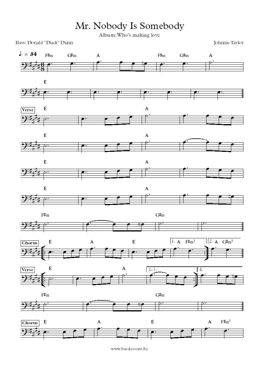 Johnnie Taylor Mr. Nobody Is Somebody Donald Duck Dunn bass transcription