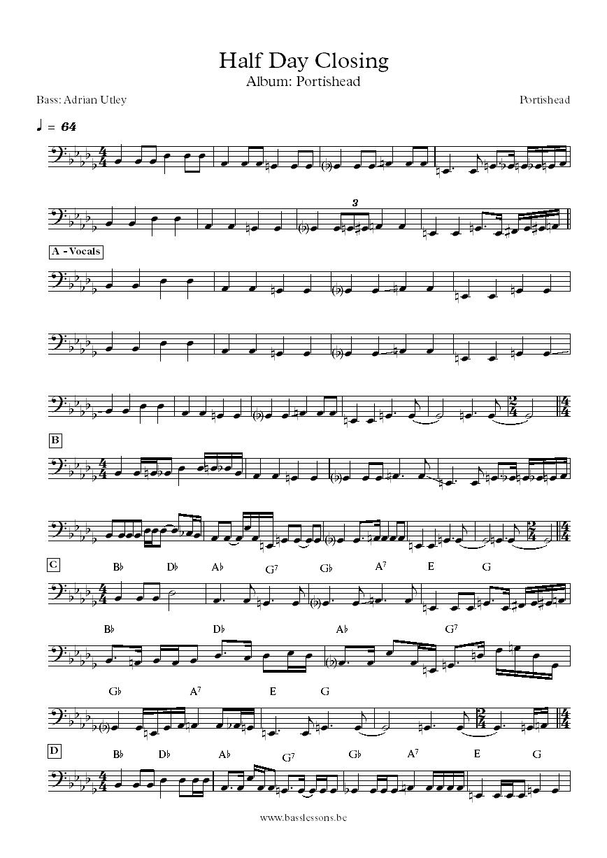 Portishead Half Day Closing bass transcription
