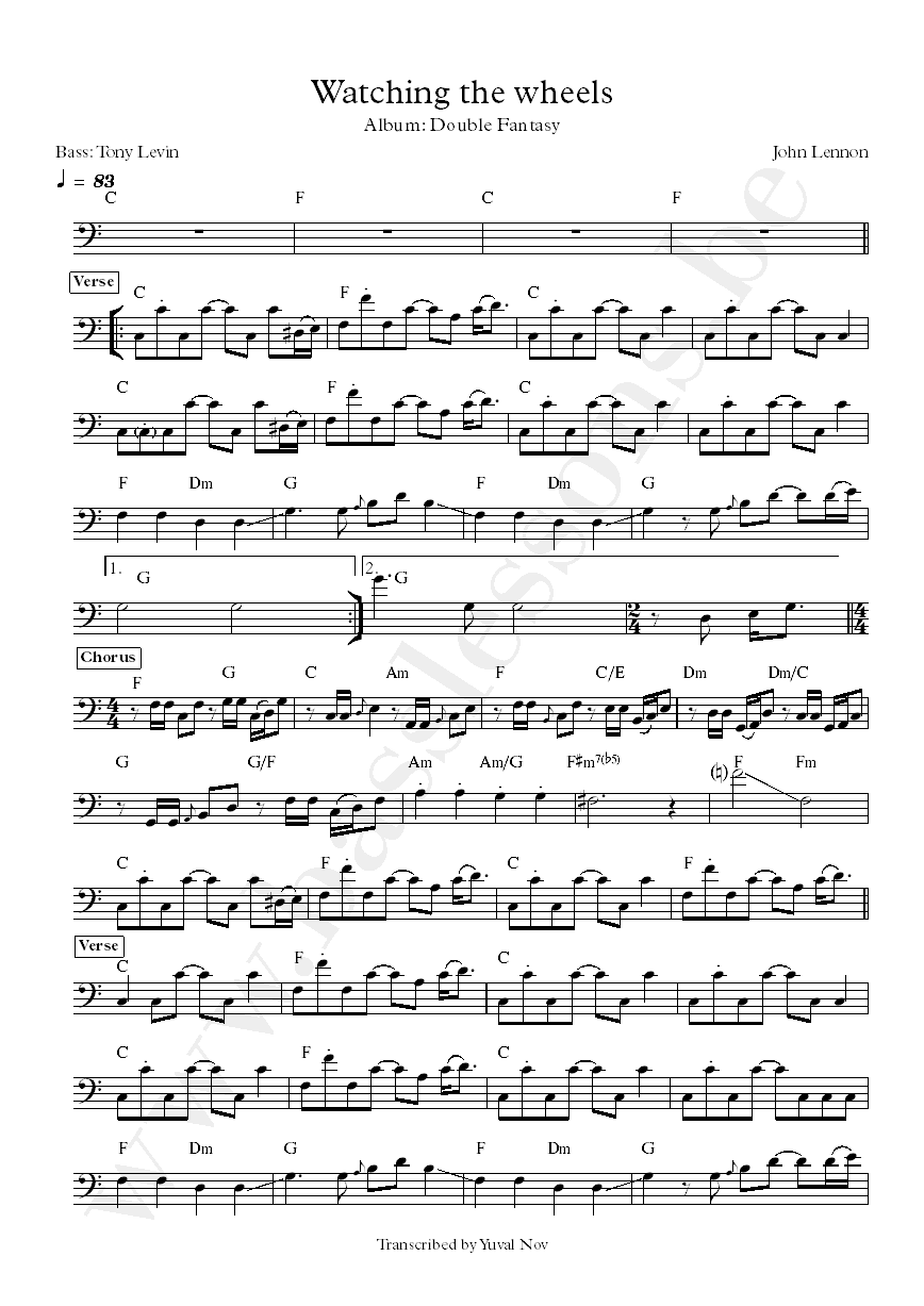 John Lennon Watching the wheels Tony Levin bass transcription