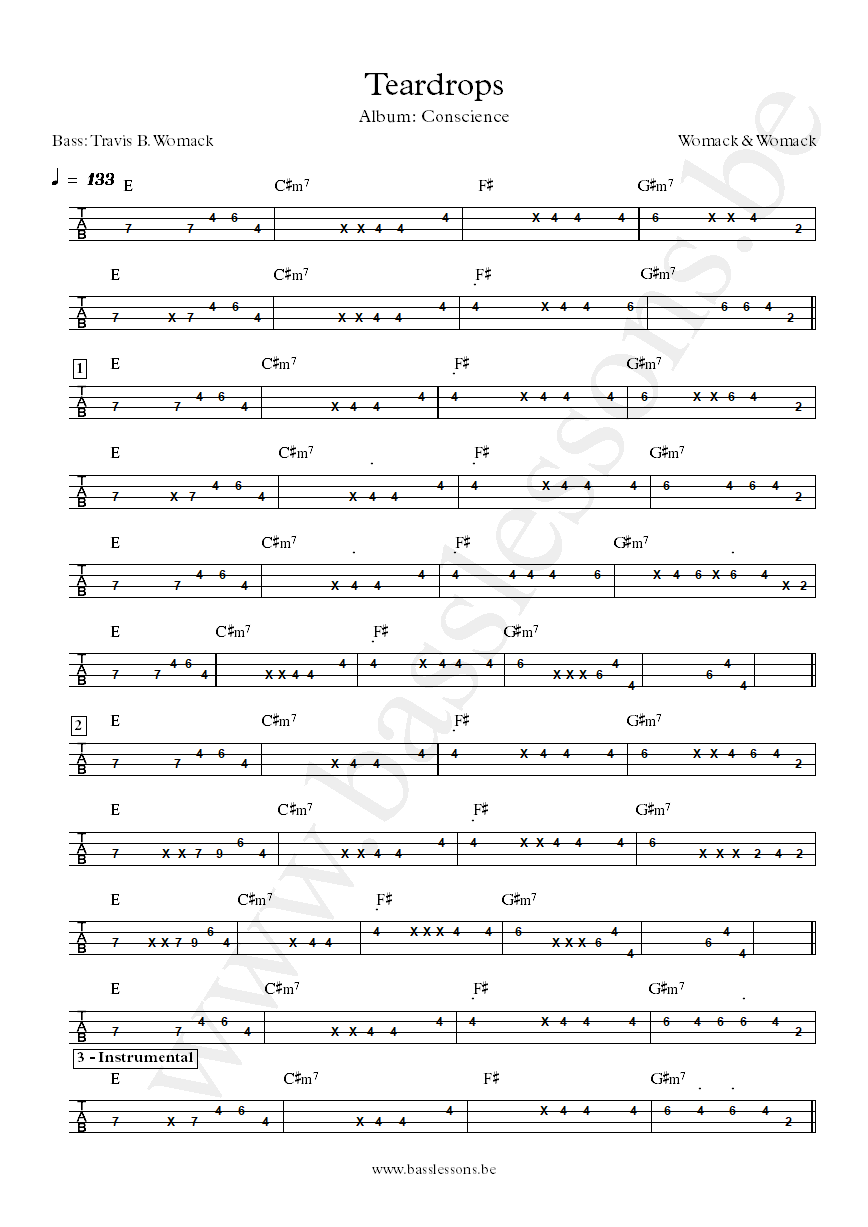 Womack and Womack Teardrops bass tab