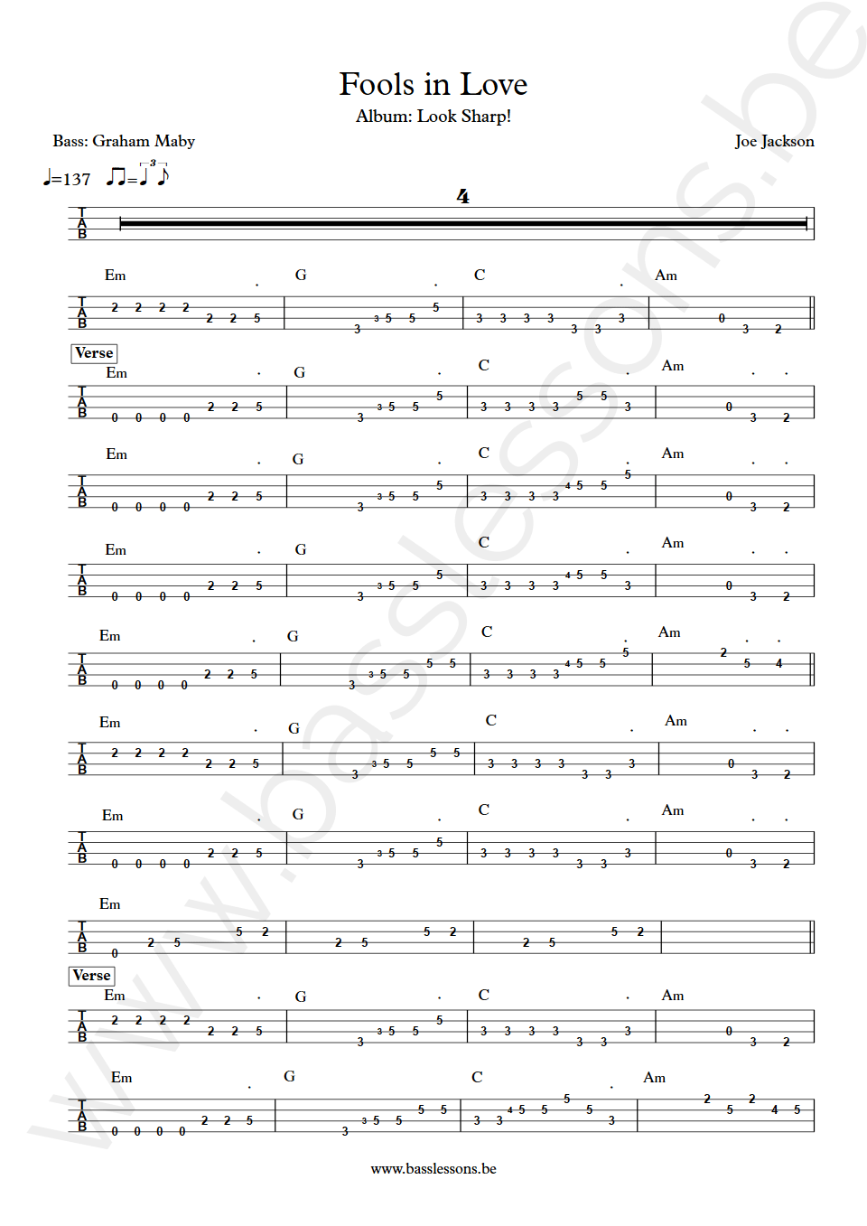 Joe Jackson Fools in Love Graham Maby bass tab