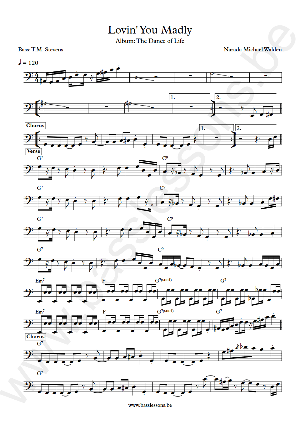 Narada Michael Walden loving you madly T.M. Stevens bass transcription