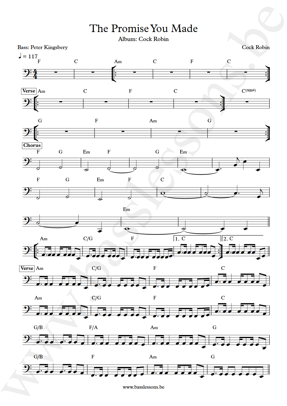 Cock Robin The Promise You Made Peter Kingsbery bass transcription