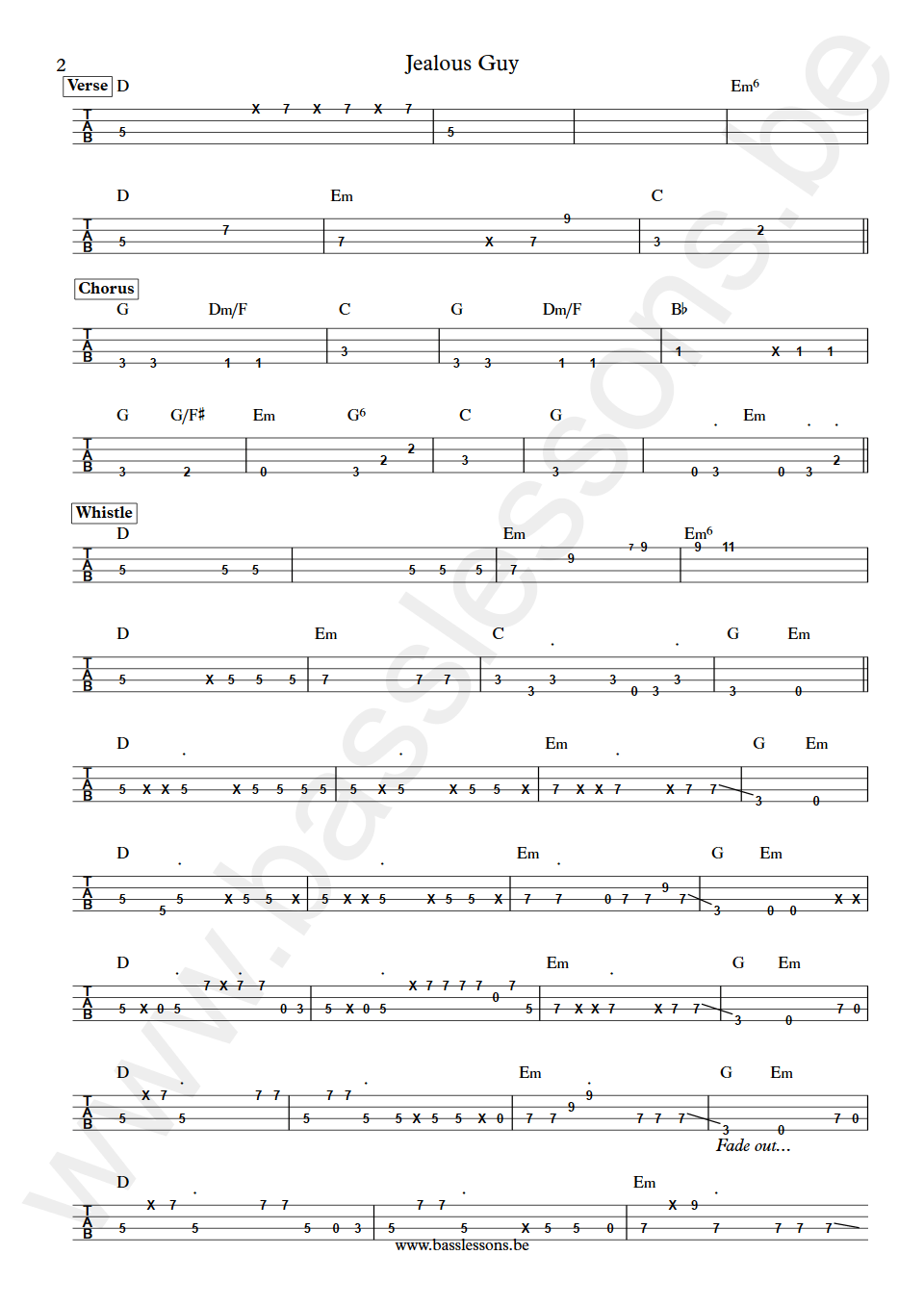 Roxy Music Jealous Guy Jeremy Meehan bass tab part 2