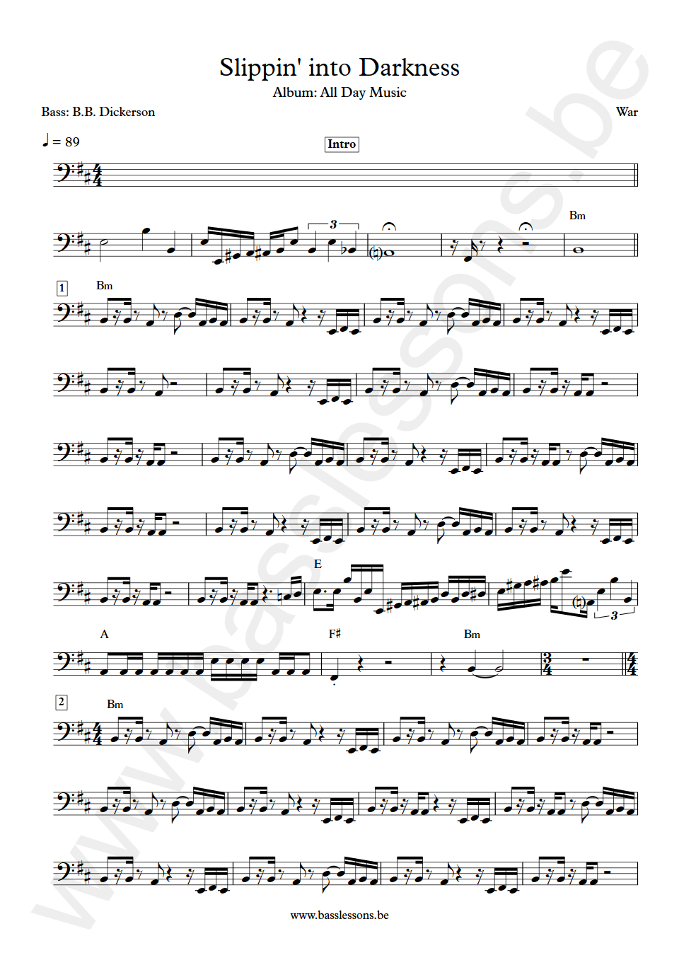 War Slipping into Darkness B.B. Dickerson bass transcription