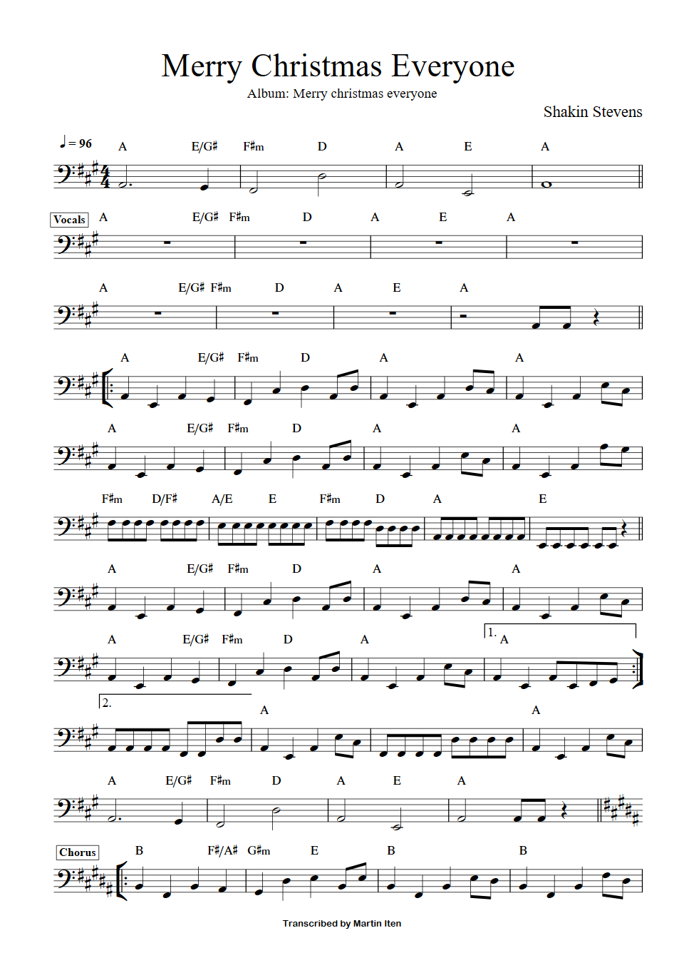 Shaking Stevens Merry Christmas Everyone bass transcription