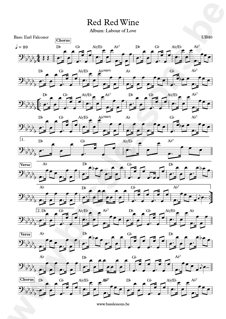 UB40 Red Red Wine Earl Falconer bass transcription