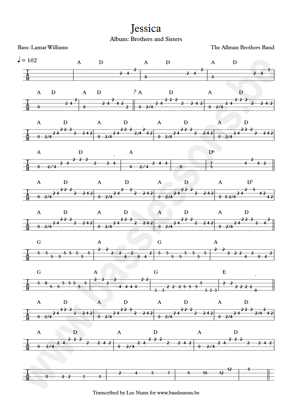 Allman Brothers Band Jessica bass tab