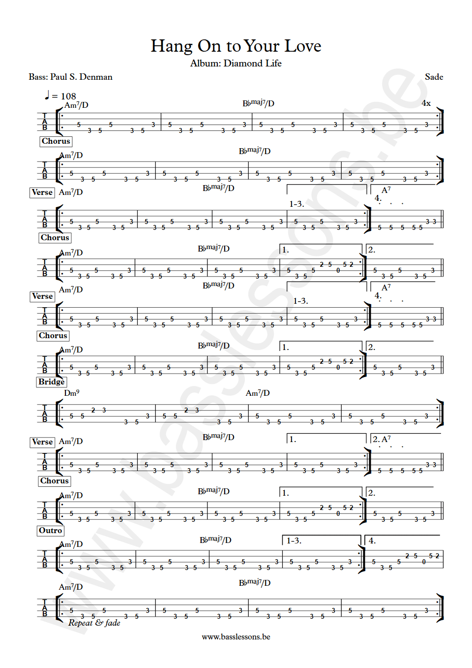Sade Hang On to Your Love Paul S. Denman bass tab