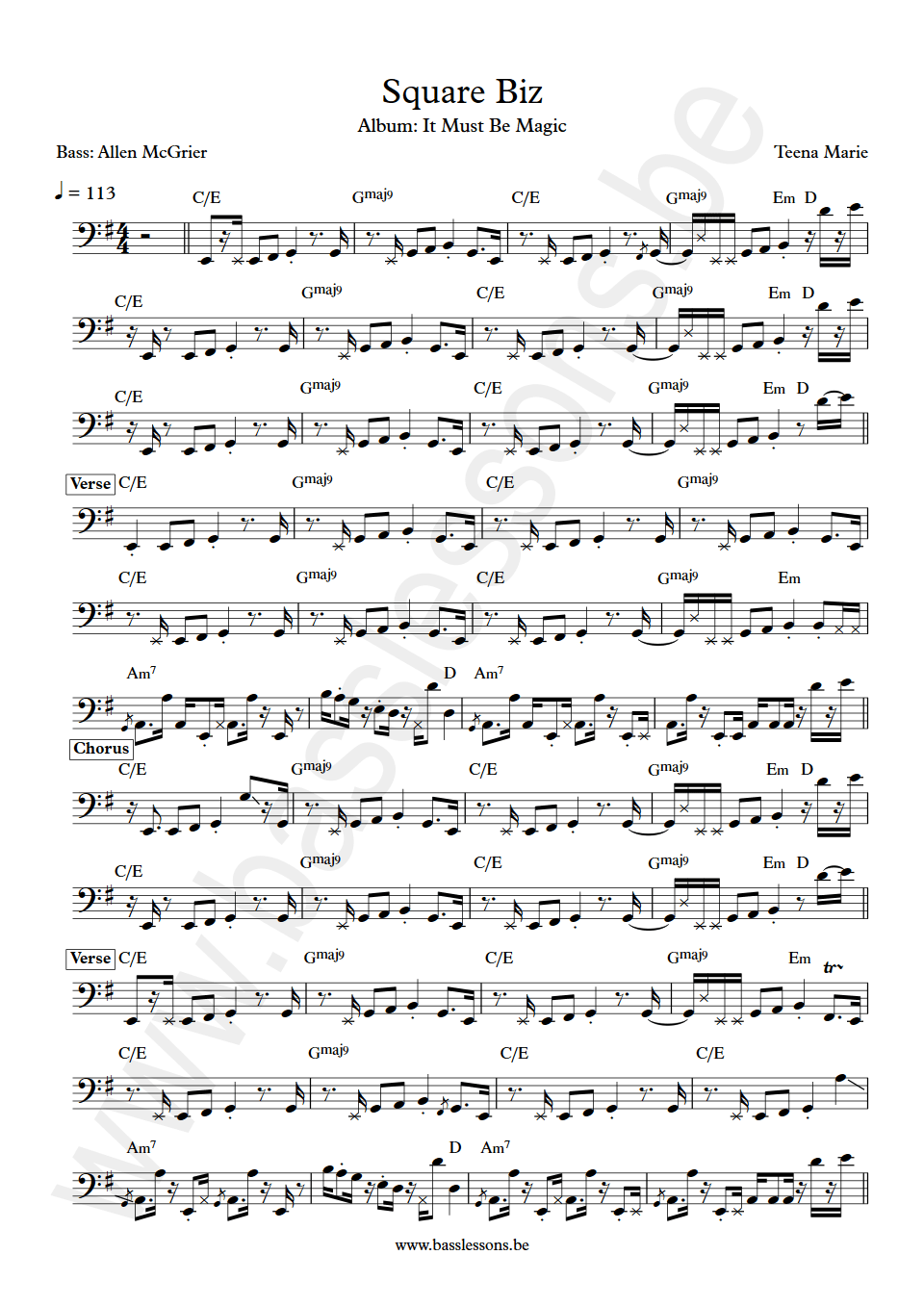 Teena Marie Square Biz Allen McGrier bass transcription