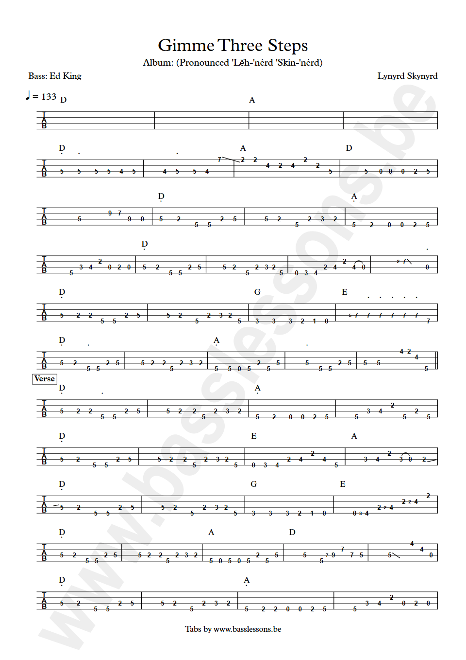Lynyrd Skynyrd Gimme Three Steps Ed King bass tab