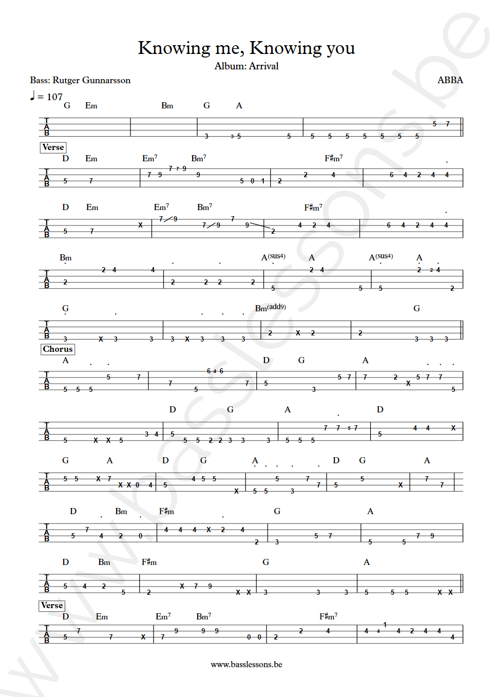 ABBA Knowing me, Knowing you Rutger Gunnarsson bass tab