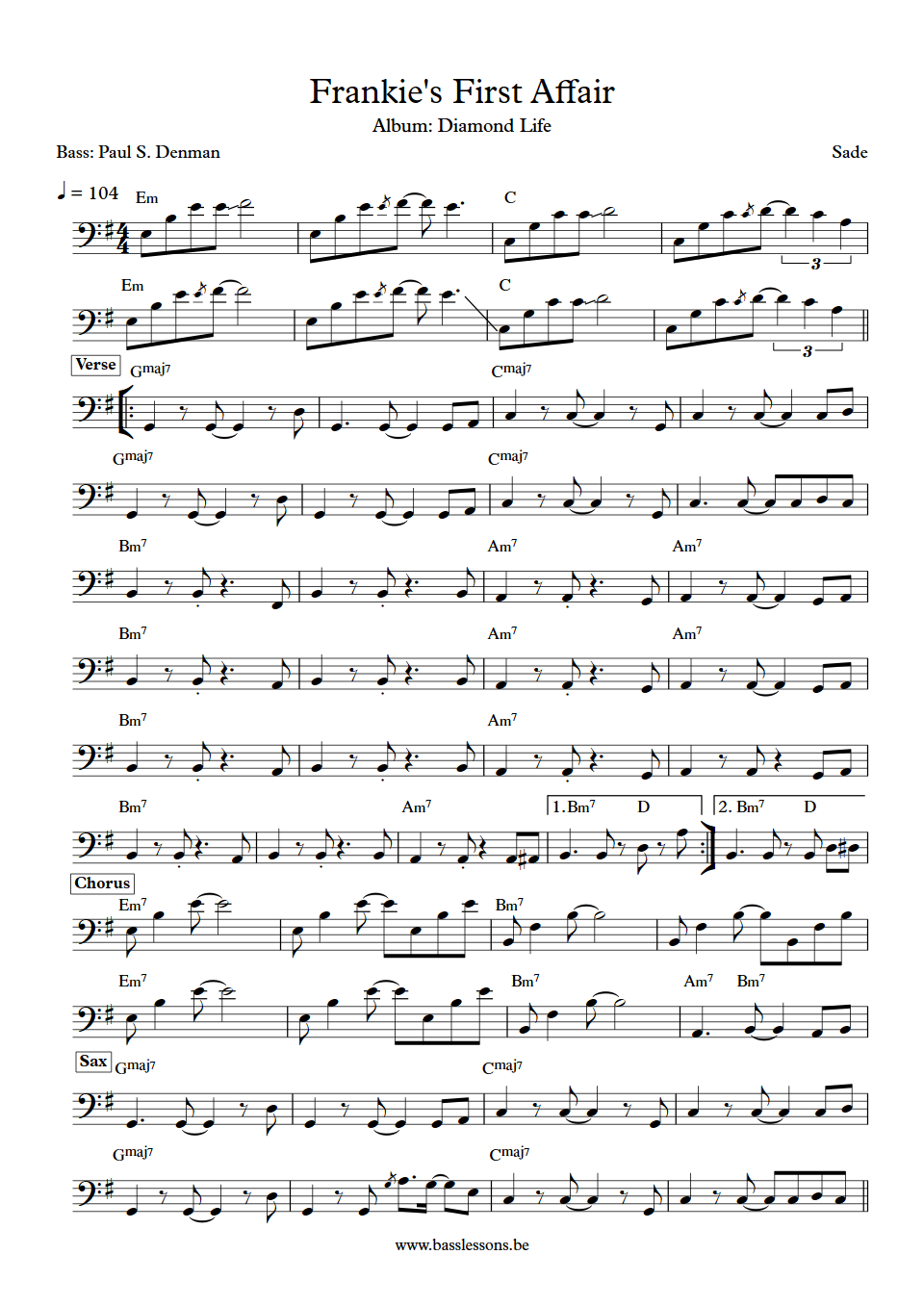 Sade Frankie's First Affair Paul S. Denman Bass Transcription