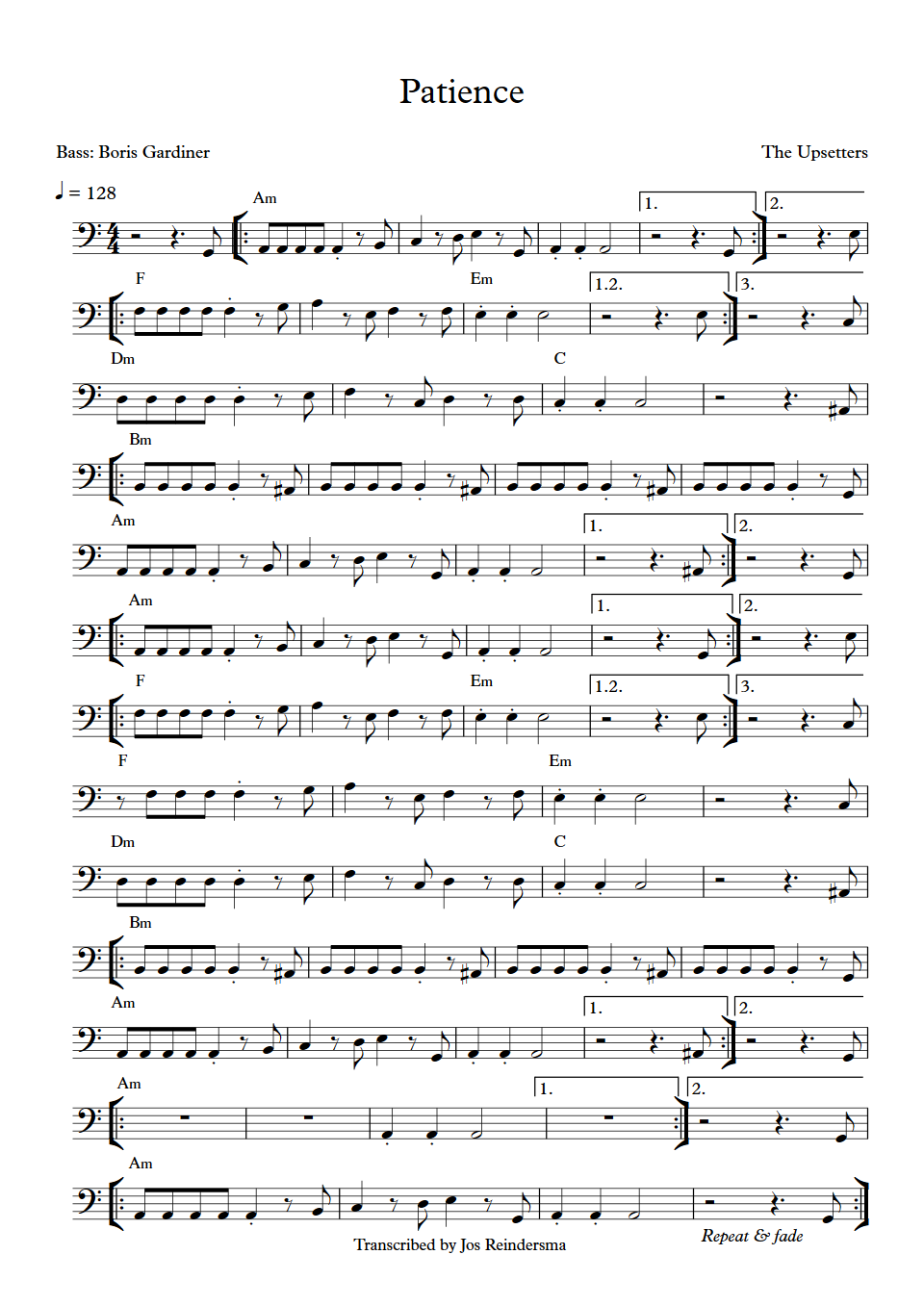 The Upsetters Patience Boris Gardiner Bass Transcription