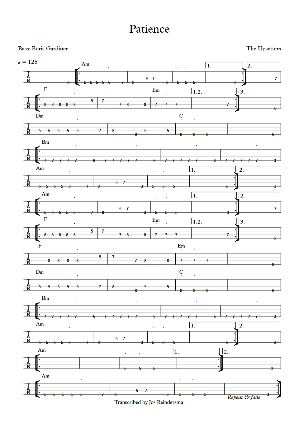 The Upsetters Patience Boris Gardiner Bass Tab