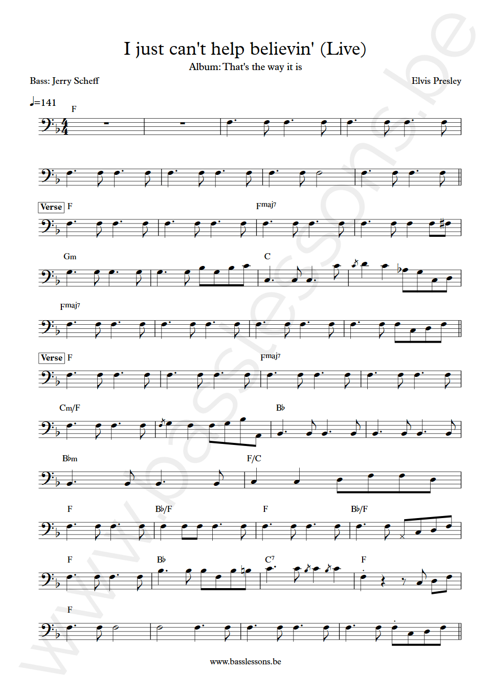 Elvis Presley I just cant help believing Jerry Scheff Bass Transcription