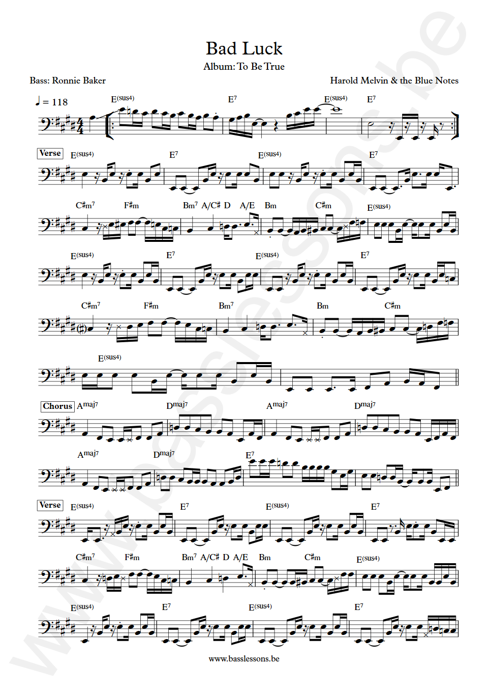 Harold Melvin and the Blue Notes Bad Luck Ronnie Baker Bass Transcription