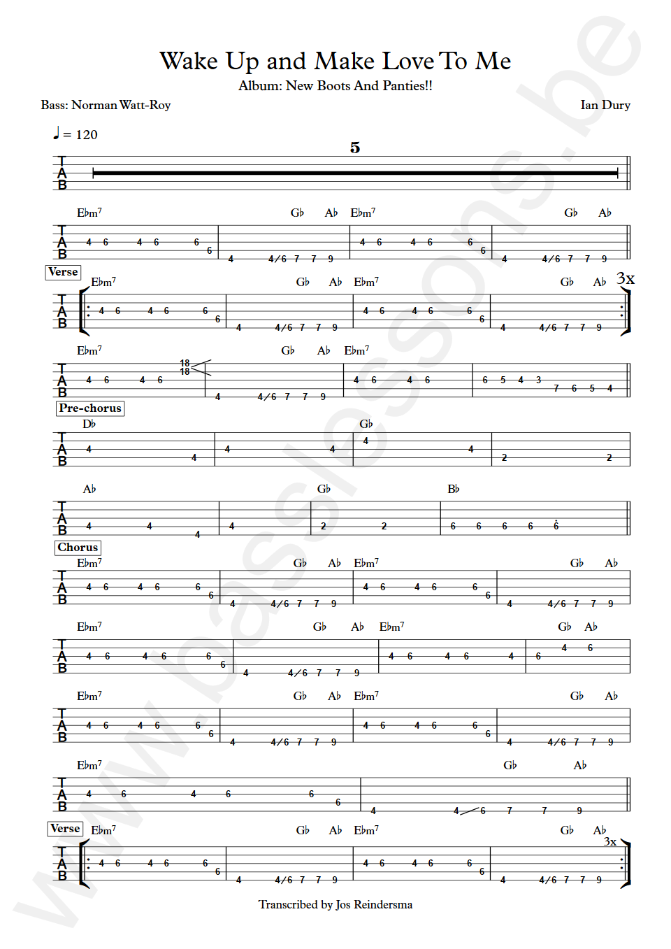 Ian Dury Wake Up and Make Love To Me Norman Watt-Roy Bass 5-string tab
