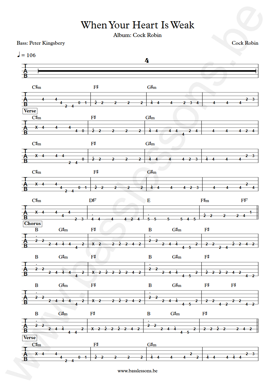 Cock Robin When Your Heart Is Weak Peter Kingsbery Bass Tab