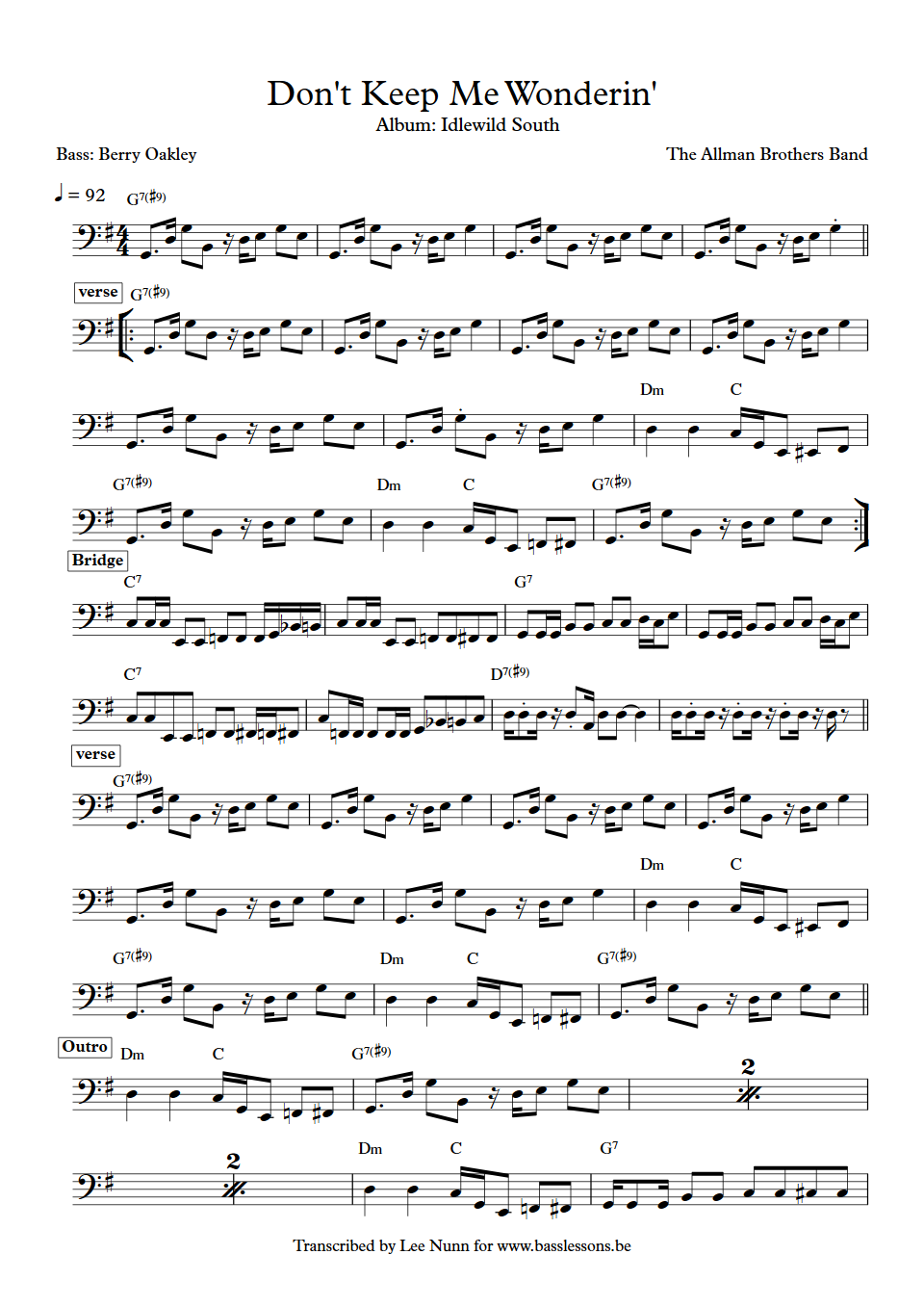 The Allman Brothers Band Dont keep me wonderin Berry Oakley Bass Transcription