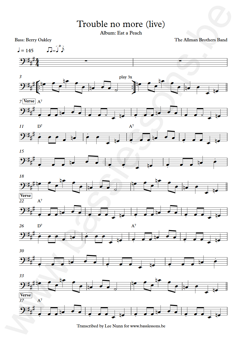 The Allman Brothers Band Trouble no more (live) Berry Oakley Bass Transcription