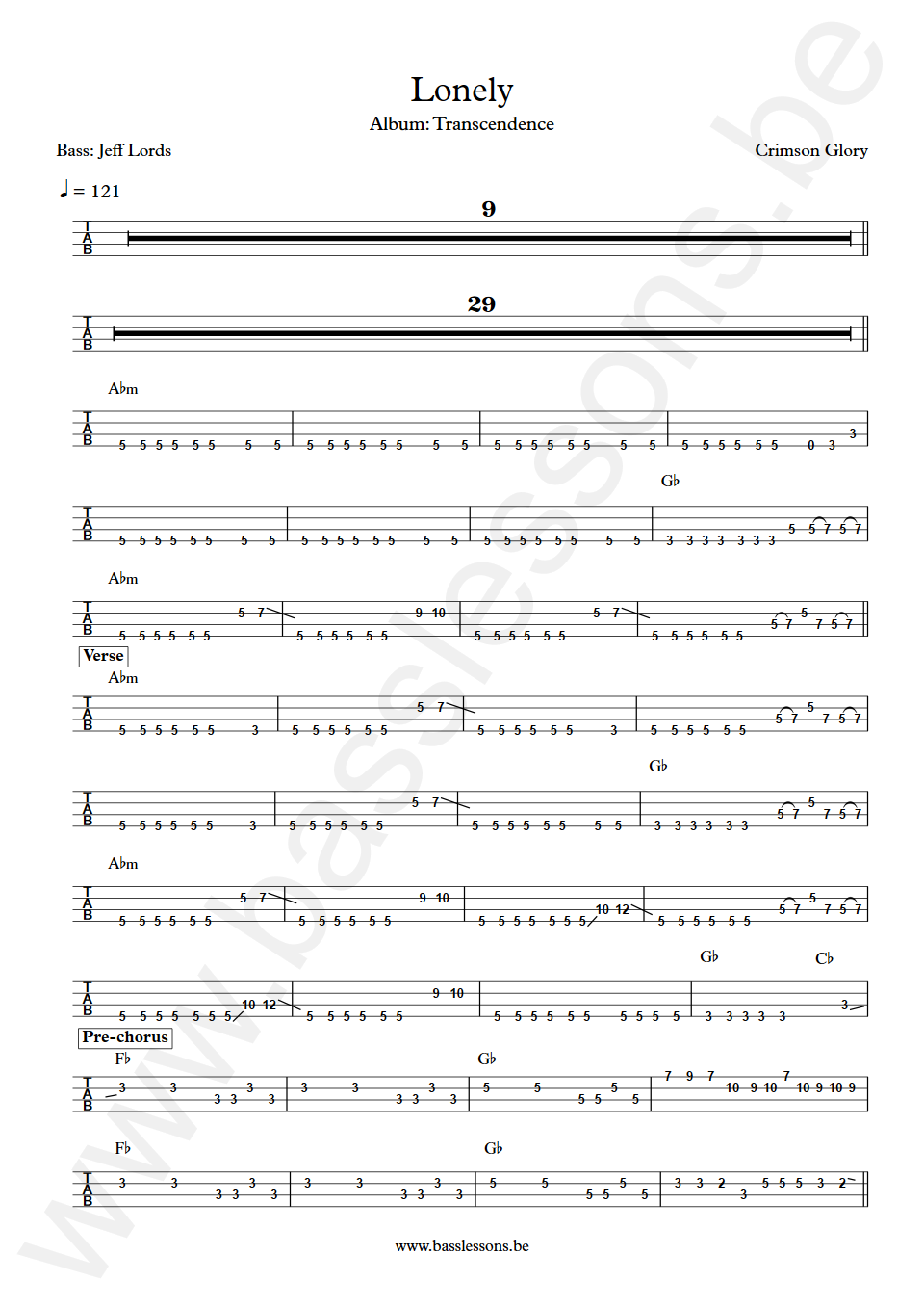Crimson Glory Lonely Jeff Lords Bass Tab