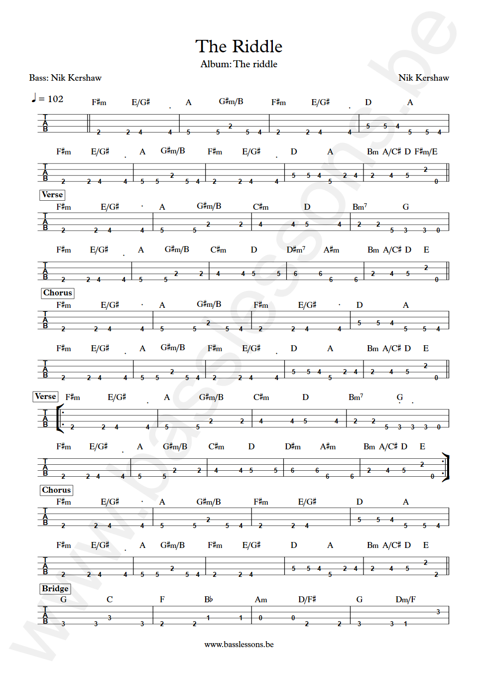 Nik Kershaw The Riddle Nik Kershaw Bass Tab