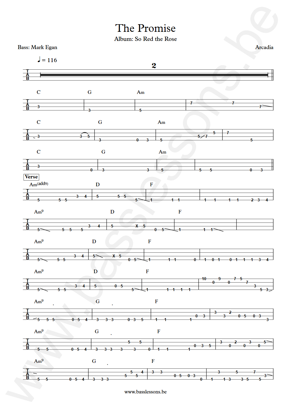 Arcadia The promise Mark Egan Bass Tab
