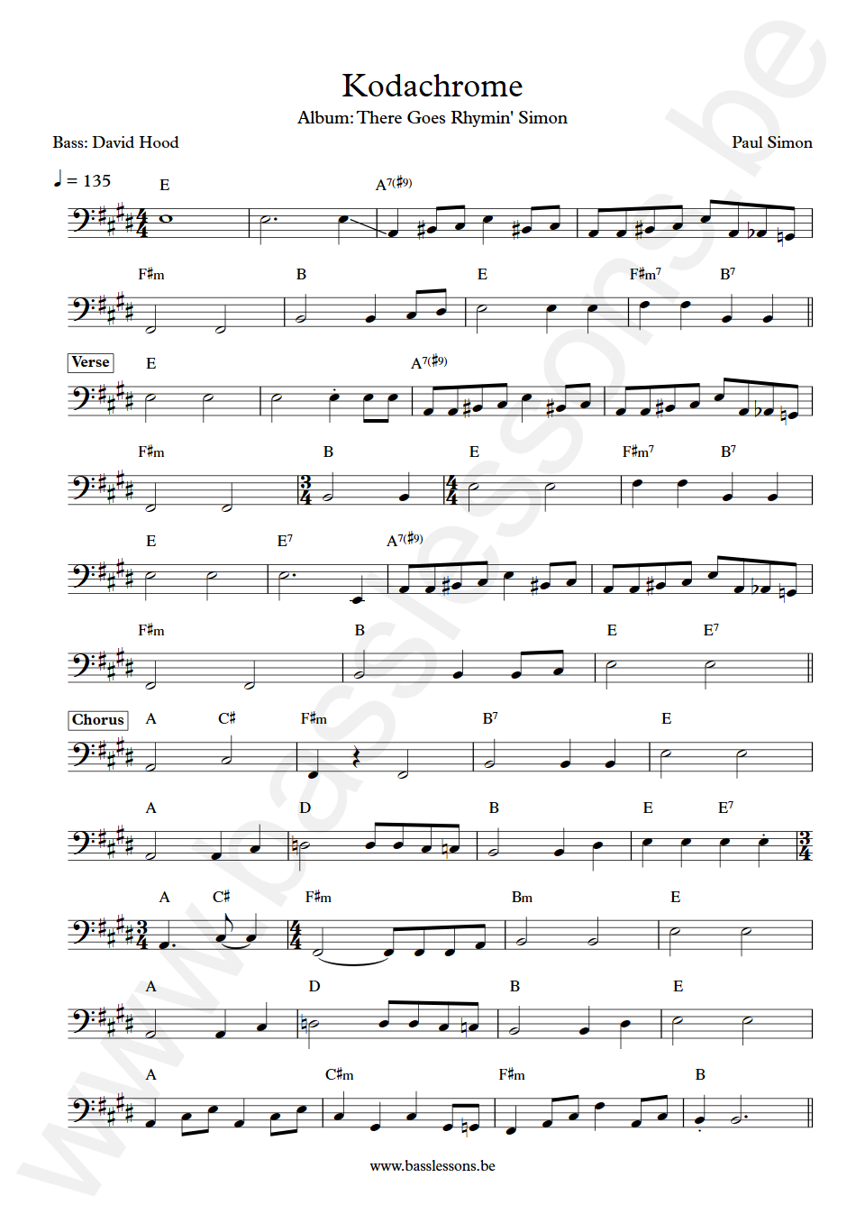 Paul Simon Kodachrome David Hood Bass Transcription