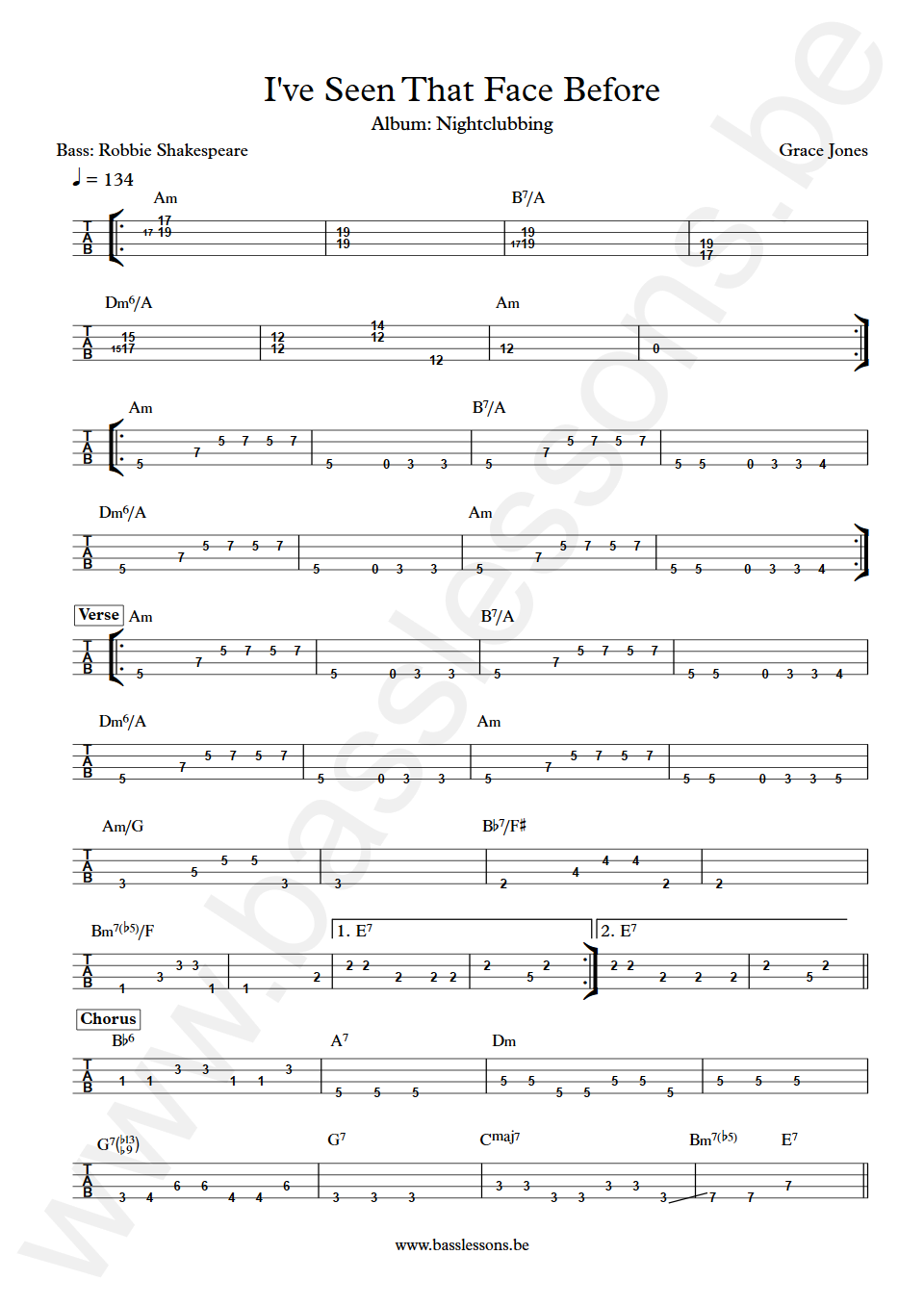 Grace Jones I've Seen That Face Before Robbie Shakespeare Bass Tab