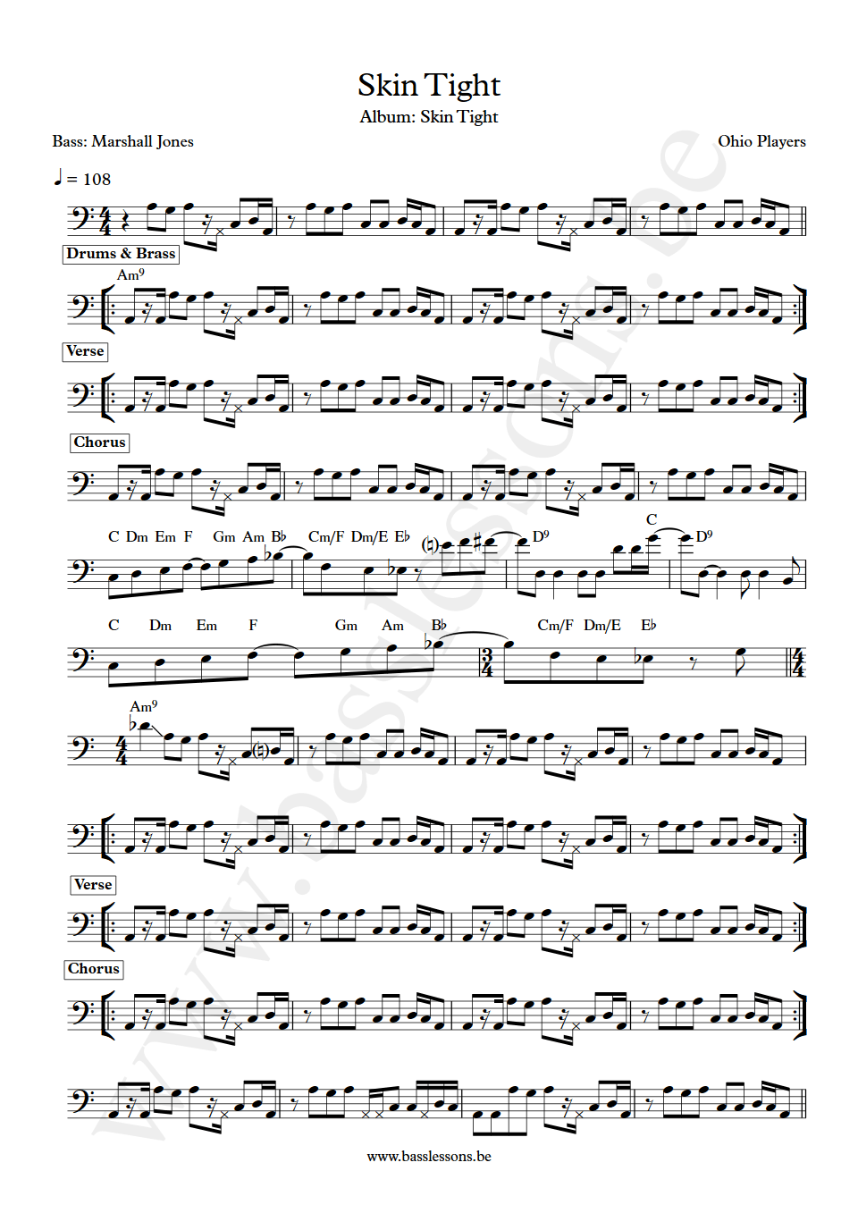 Ohio Players Skin Tight Marshall Jones bass transcription