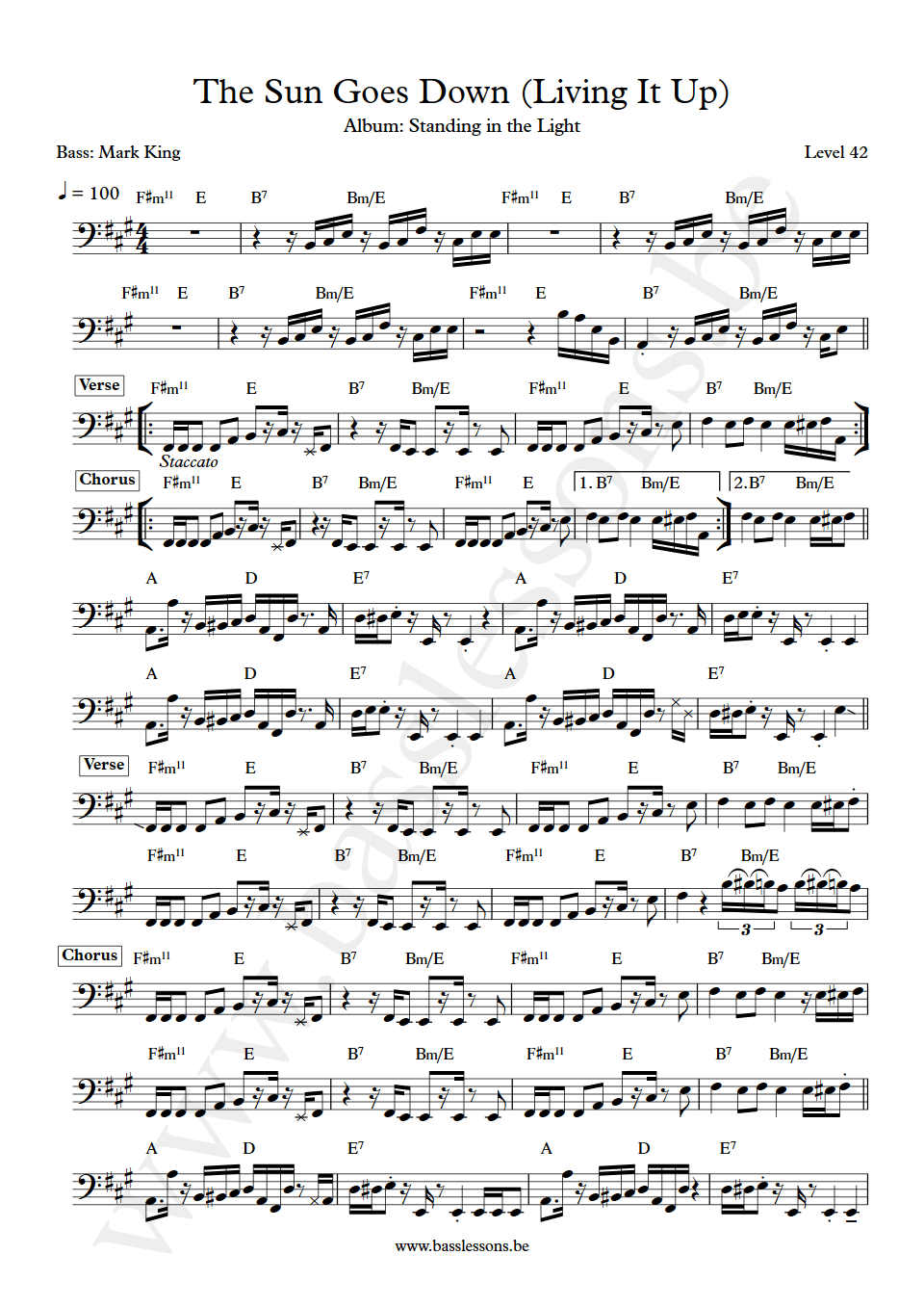 Level 42 The Sun Goes Down (Living It Up) Mark King Bass Transcription