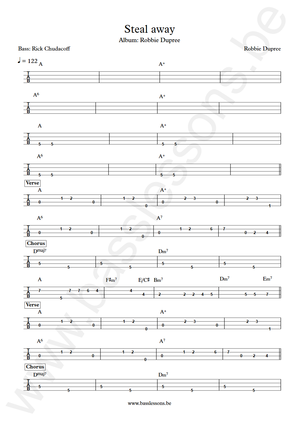 Robbie Dupree Steal Away Rick Chudacoff Bass Tab