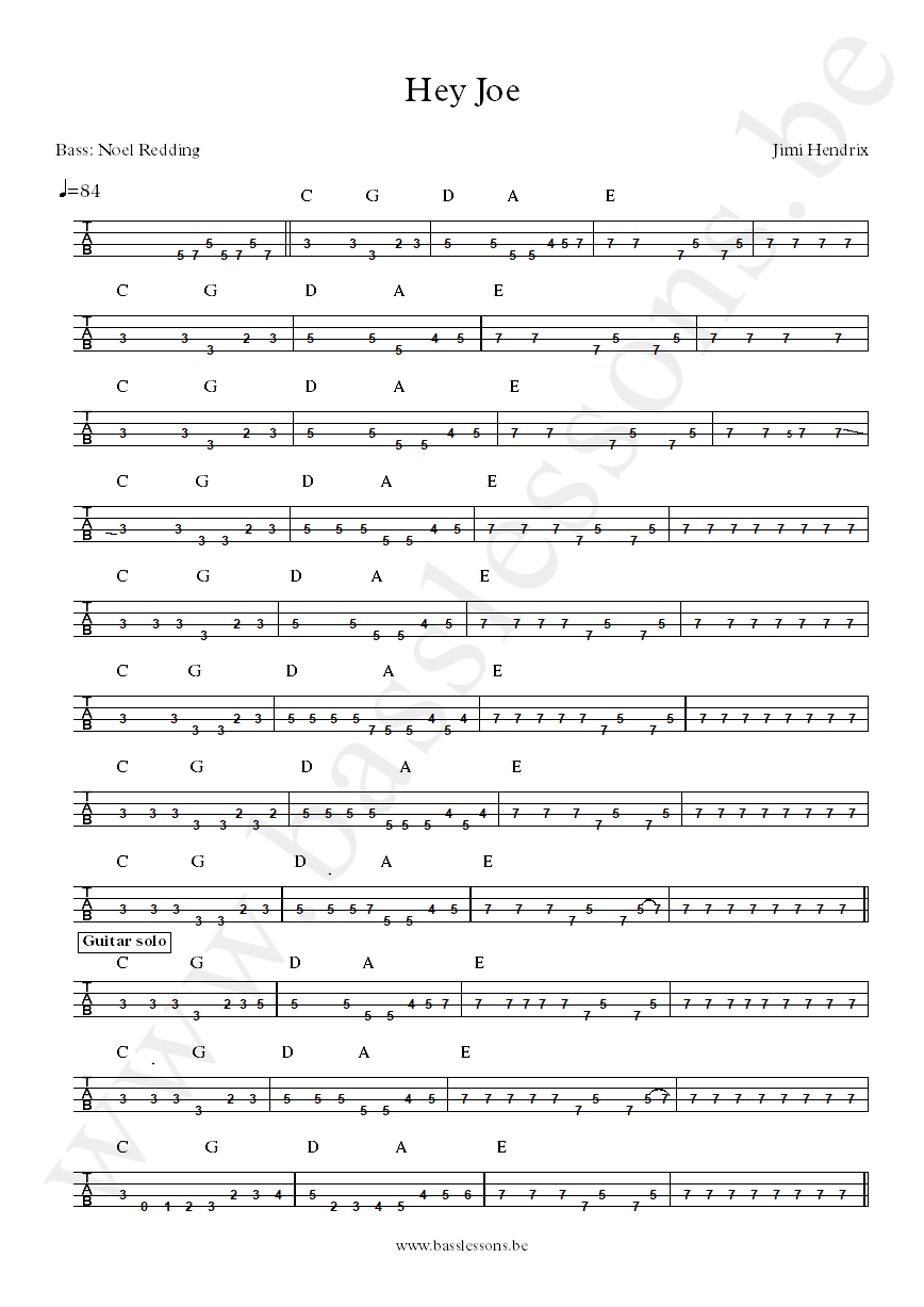 Jimi Hendrix - Hey Joe - Noel Redding bass tab