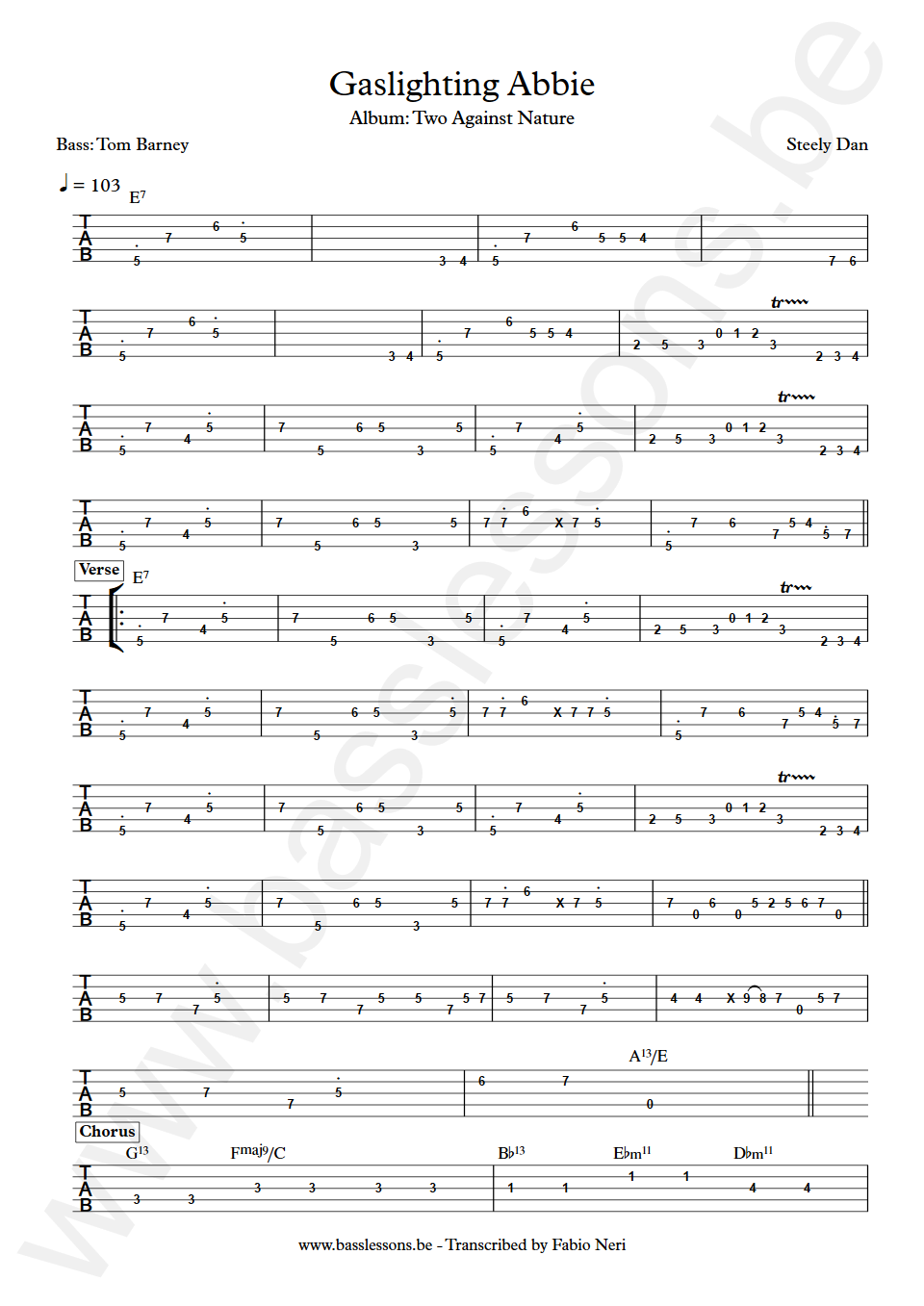 Steely Dan Gaslighting Abbie Tom Barney Bass Tab