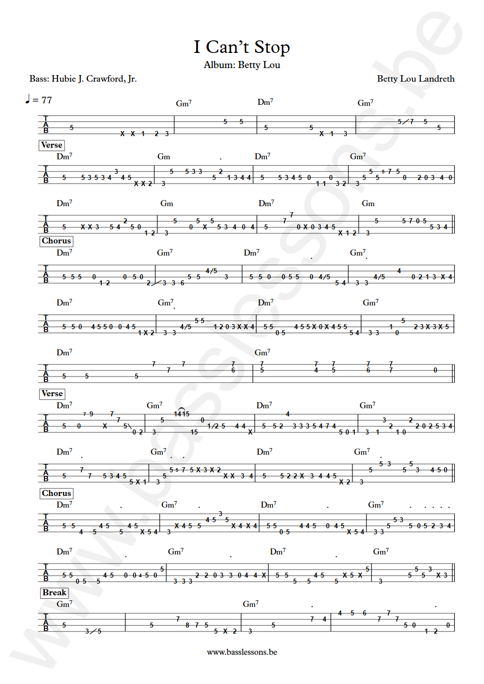 Betty Lou Landreth I Can’t Stop Hubie J Crawford Jr Bass Tab