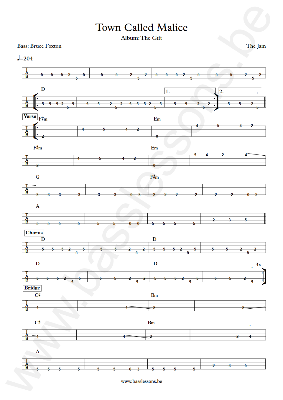 The Jam Town Called Malice Bruce Foxton Bass Tab