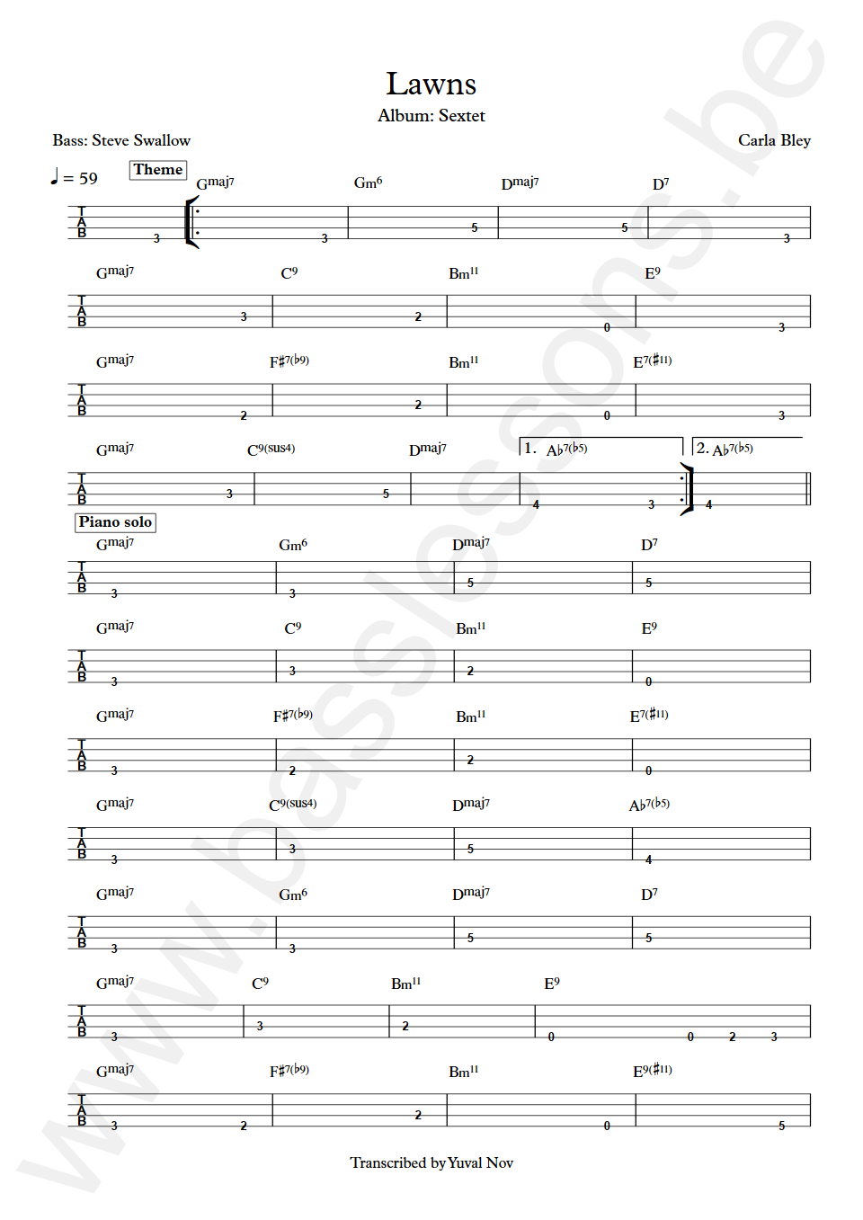 Carla Bley Lawns Steve Swallow Bass Tab