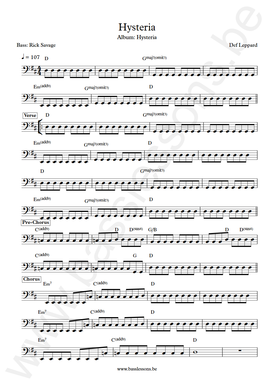 Def Leppard Hysteria Rick Savage Bass Transcription
