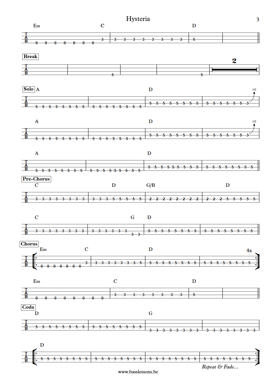 Def Leppard Hysteria Rick Savage Bass Tab part 3