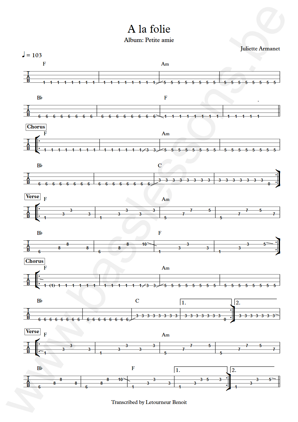 Juliette Armanet A la folie Bass Tab