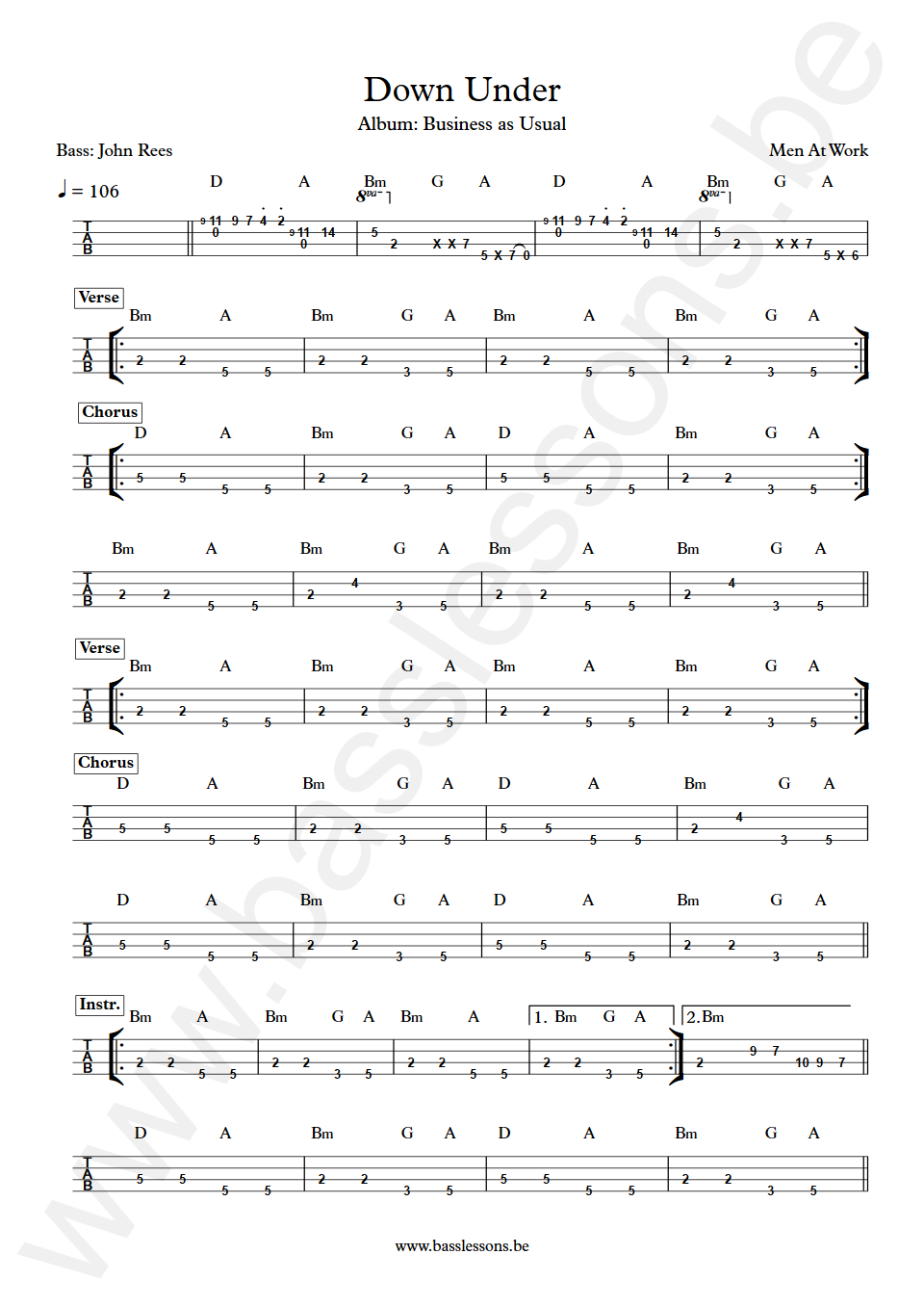 Men At Work Down Under John Rees Bass Tab