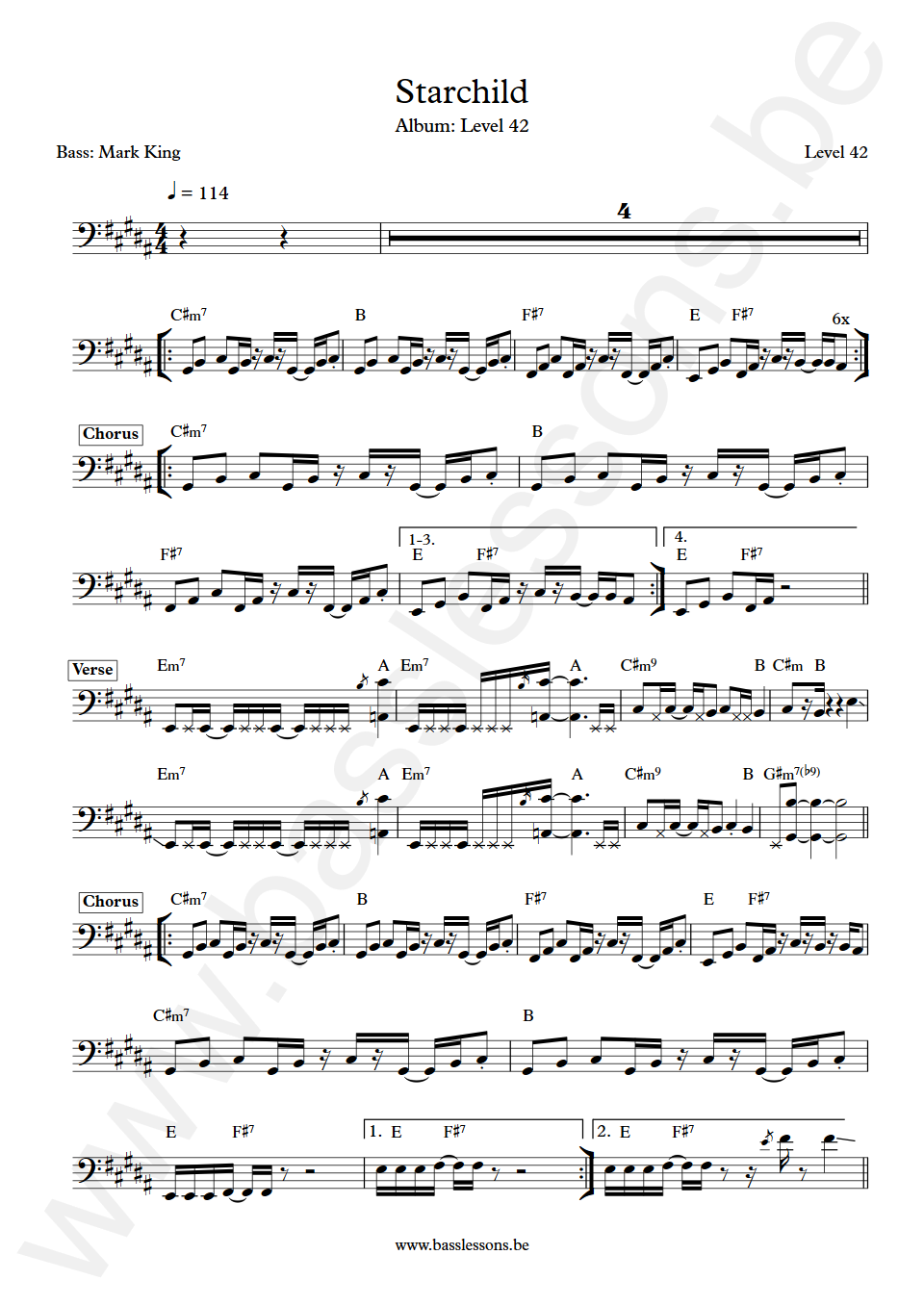 Level 42 Starchild Mark King Bass Transcription