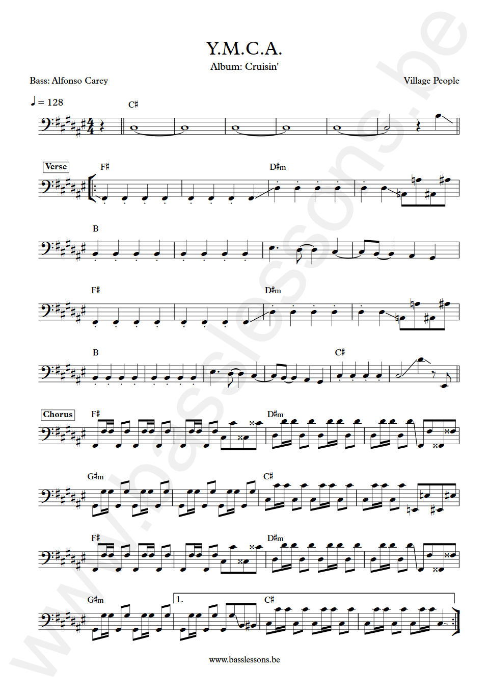 Village People Y.M.C.A. Alfonso Carey Bass Transcription